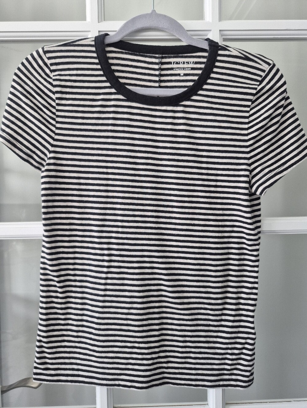 J Crew Stretch Linen Black & White Striped Tee